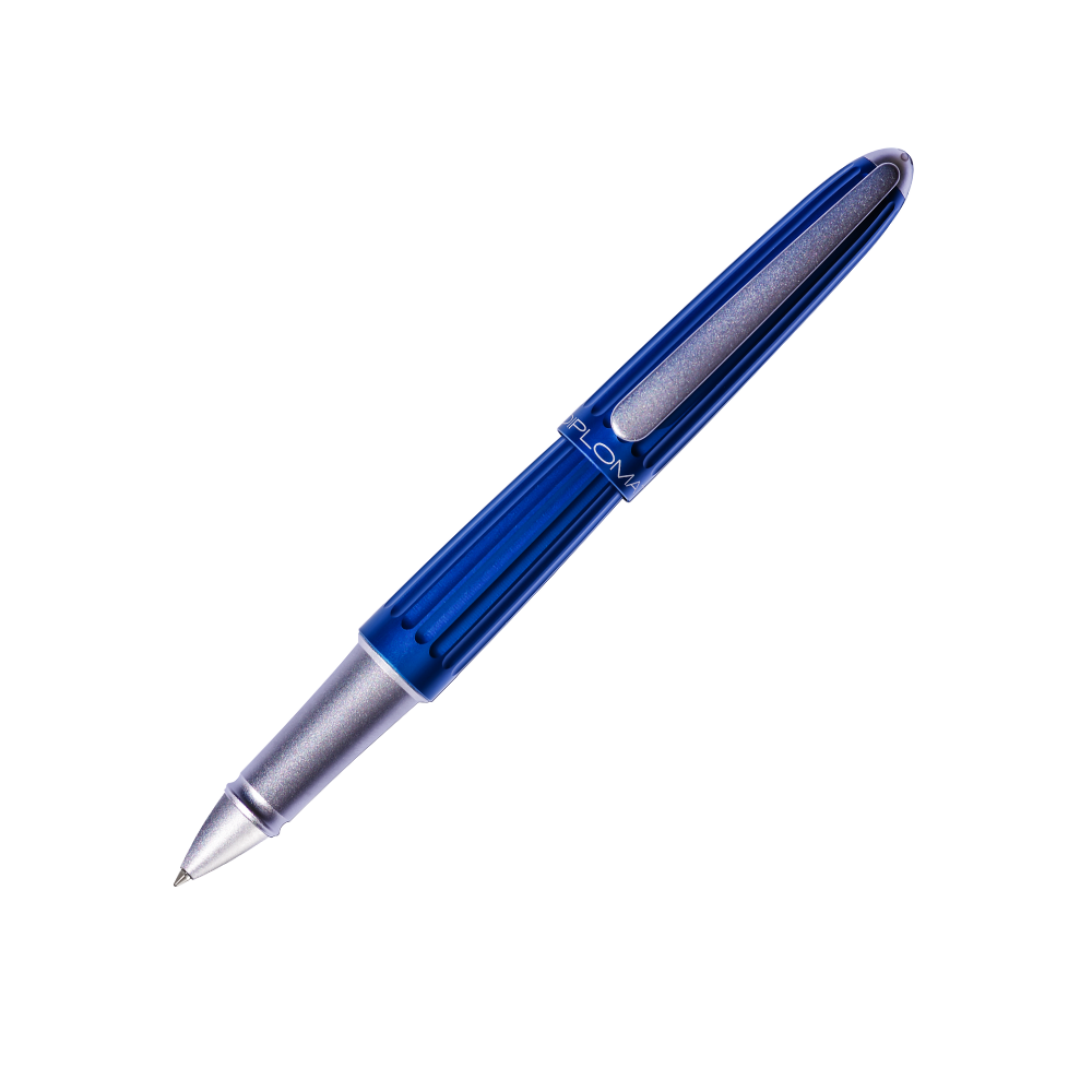 "Elegant Diplomat Aero rollerball pen in blue, featuring a Zeppelin-inspired, streamlined aluminum body with grooved detailing and a sleek, tapered shape. This high-end pen includes a sturdy clip, smooth ink flow, and comfortable grip for easy writing. Ideal for professionals and pen collectors, it combines sophisticated design with superior performance."