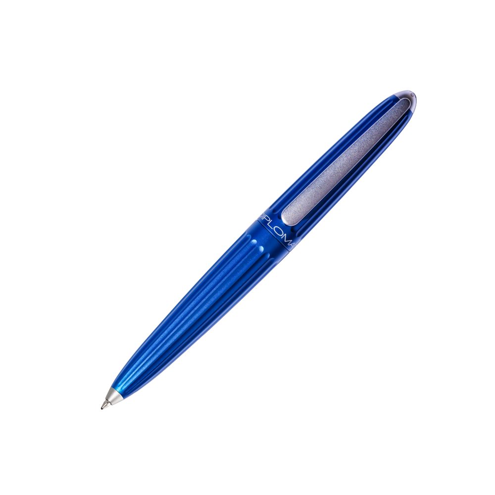 "Elegant Diplomat Aero ballpoint pen in Blue, featuring a Zeppelin-inspired, streamlined aluminum body with grooved detailing and a sleek, tapered shape. This high-end pen includes a sturdy clip, smooth ink flow, and comfortable grip for easy writing. Ideal for professionals and pen collectors, it combines sophisticated design with superior performance."