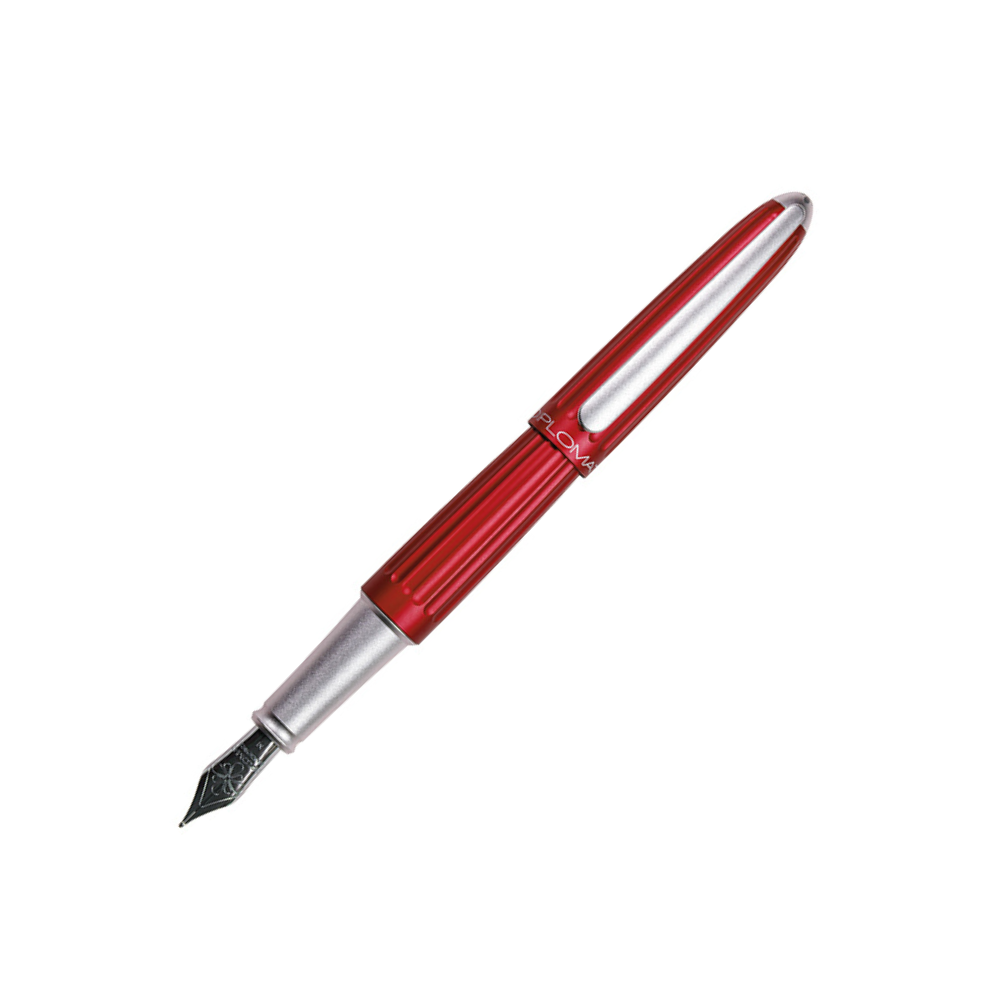 "Luxury Diplomat Aero Red fountain pen, inspired by aeronautical design, featuring a sleek anodized aluminum body with grooved lines and a glossy metallic finish. Available in multiple colors, the pen has a streamlined, Zeppelin-inspired shape, a slender clip with Diplomat’s logo, and a comfortable grip with smooth operation. Known for its elegance and durability, this high-end writing instrument is suitable for collectors and professionals seeking style and performance."