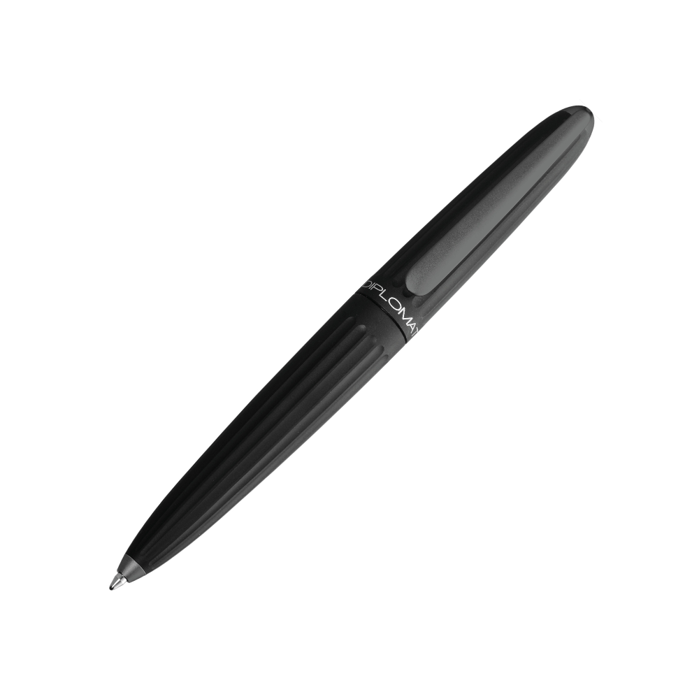 "Elegant Diplomat Aero ballpoint pen in matte black, featuring a Zeppelin-inspired, streamlined aluminum body with grooved detailing and a sleek, tapered shape. This high-end pen includes a sturdy clip, smooth ink flow, and comfortable grip for easy writing. Ideal for professionals and pen collectors, it combines sophisticated design with superior performance."