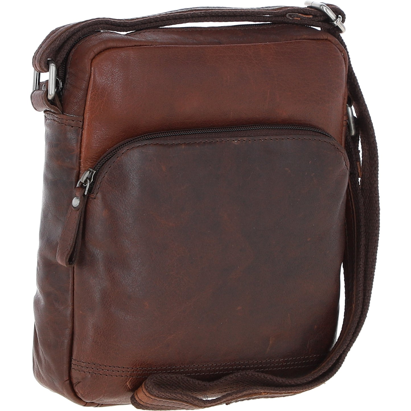 "Compact men’s shoulder bag by Ashwood in rich brandy-colored genuine leather, model F82, ideal for daily use. Features include a padded compartment for a 12-inch tablet, multiple internal organizers, and a vintage-style 'Oily Buff Crumble' leather finish. Designed with an adjustable shoulder strap and secure zipper closures, this bag combines classic aesthetics with modern utility, making it suitable for both casual and professional settings."