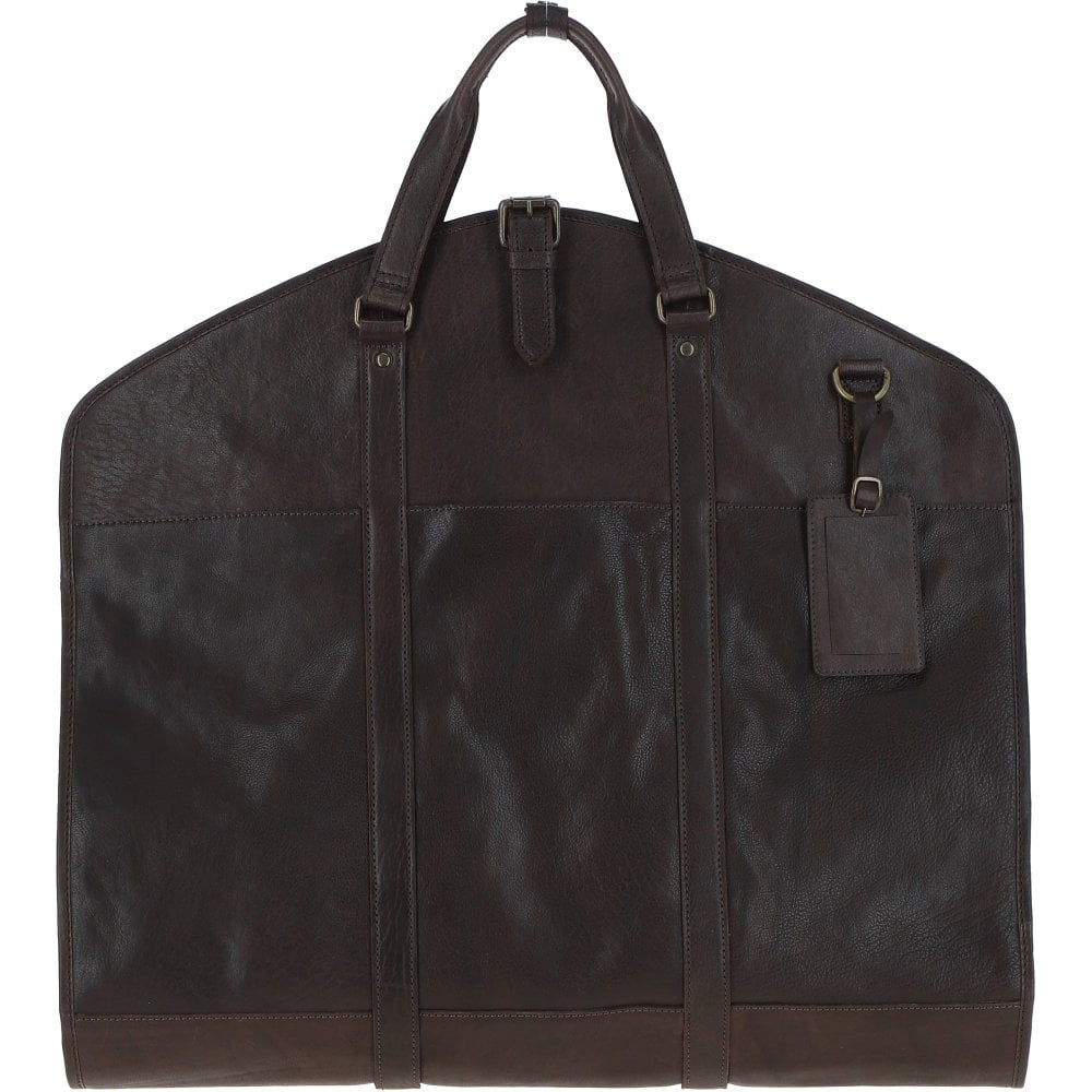 "Brown leather suit carrier bag by Ashwood, Savile model, designed for travel and garment protection. Made from hand-waxed genuine leather, this foldable bag includes designated compartments for shoes and accessories, plus a detachable shoulder strap for versatility. Perfect for business travel, it combines elegance and functionality, ensuring wrinkle-free transport of suits and formal wear."