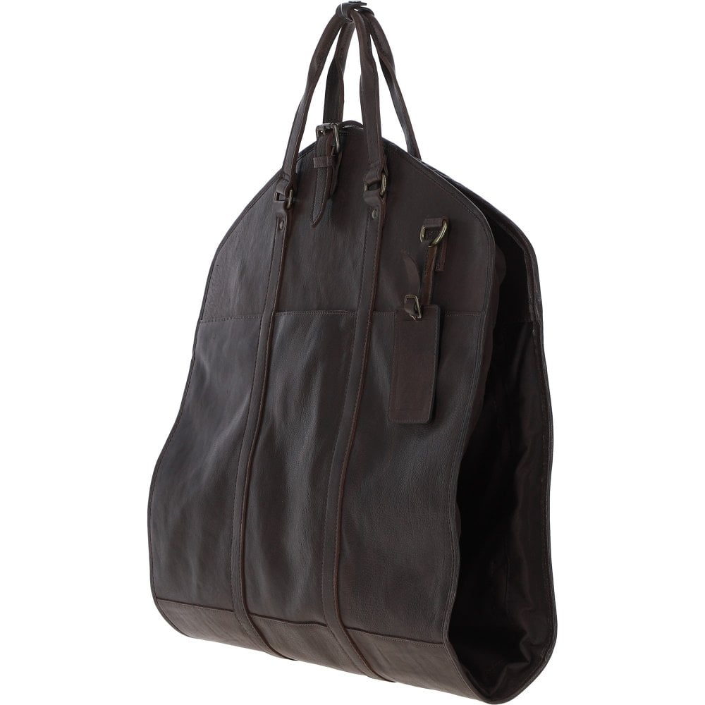 "Brown leather suit carrier bag by Ashwood, Savile model, designed for travel and garment protection. Made from hand-waxed genuine leather, this foldable bag includes designated compartments for shoes and accessories, plus a detachable shoulder strap for versatility. Perfect for business travel, it combines elegance and functionality, ensuring wrinkle-free transport of suits and formal wear."