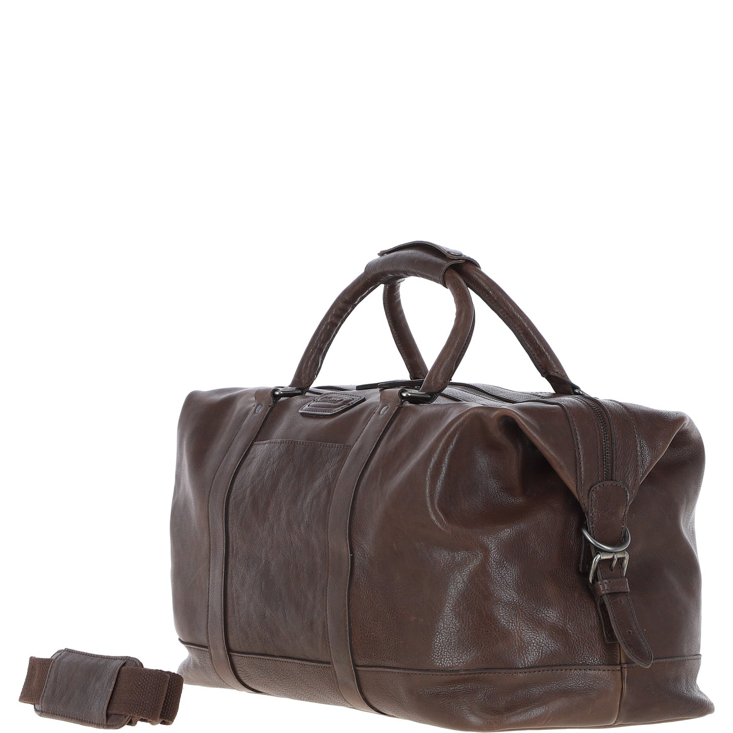 "Men’s brown genuine leather holdall bag by Ashwood, model Austin, designed for travel and weekend use. Features a rich, natural leather texture with top handles, a detachable shoulder strap, and exterior zip and slip pockets for easy access to essentials. The spacious, lined interior includes zip and slip pockets for organized storage. Durable and stylish, this versatile bag complements both casual and professional looks, ideal for short trips or daily use."