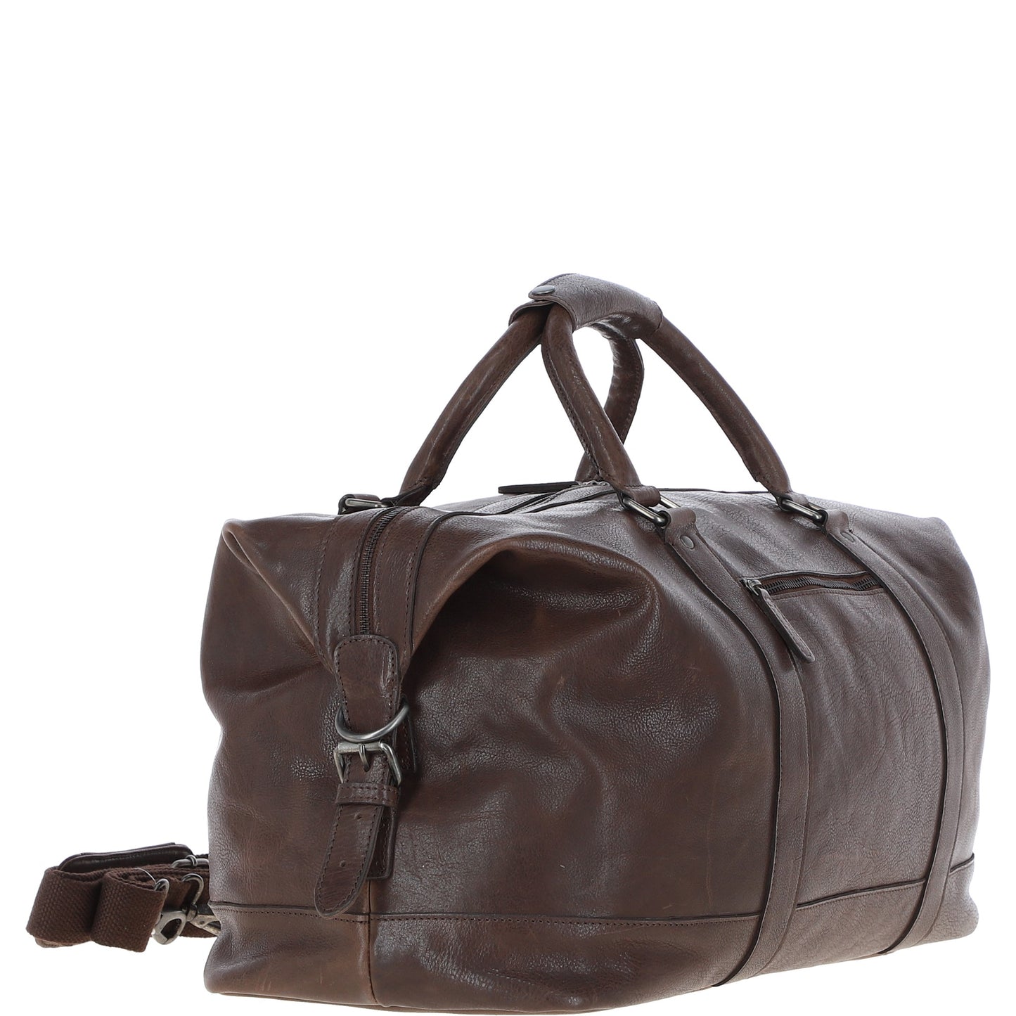 "Men’s brown genuine leather holdall bag by Ashwood, model Austin, designed for travel and weekend use. Features a rich, natural leather texture with top handles, a detachable shoulder strap, and exterior zip and slip pockets for easy access to essentials. The spacious, lined interior includes zip and slip pockets for organized storage. Durable and stylish, this versatile bag complements both casual and professional looks, ideal for short trips or daily use."