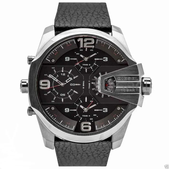 "Bold Diesel Über Chief men's chronograph watch featuring a large 55mm stainless steel case in silver with a sleek black dial. Includes chronograph functionality, a durable black leather strap with buckle closure, and water resistance up to 100m. Designed with a robust and modern aesthetic, it combines practicality and statement style, perfect for daily wear or special occasions. Front side"