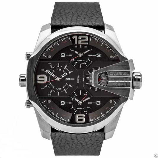 "Bold Diesel Über Chief men's chronograph watch featuring a large 55mm stainless steel case in silver with a sleek black dial. Includes chronograph functionality, a durable black leather strap with buckle closure, and water resistance up to 100m. Designed with a robust and modern aesthetic, it combines practicality and statement style, perfect for daily wear or special occasions. Front side"