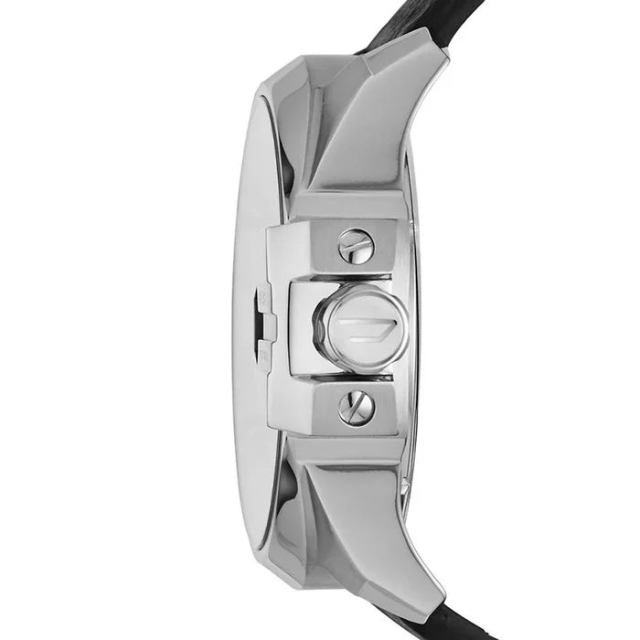 "Bold Diesel Über Chief men's chronograph watch featuring a large 55mm stainless steel case in silver with a sleek black dial. Includes chronograph functionality, a durable black leather strap with buckle closure, and water resistance up to 100m. Designed with a robust and modern aesthetic, it combines practicality and statement style, perfect for daily wear or special occasions. side"