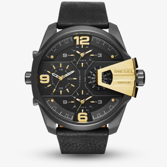 "Diesel Uber Chief men's chronograph watch in black-tone stainless steel, featuring an oversized round case with multi-dial design for chronograph and time zone functions, sleek black dial with contrasting metallic accents, a durable black leather strap, and bold Diesel branding, combining a modern industrial aesthetic with functionality. Front side"