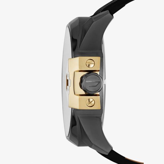 "Diesel Uber Chief men's chronograph watch in black-tone stainless steel, featuring an oversized round case with multi-dial design for chronograph and time zone functions, sleek black dial with contrasting metallic accents, a durable black leather strap, and bold Diesel branding, combining a modern industrial aesthetic with functionality, side."