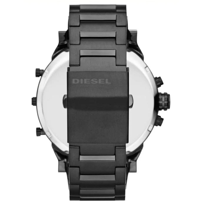 "Diesel men's chronograph watch, DZ7312 Mr. Daddy 2.0 model in black. Features an oversized round case, bold multi-dial design with chronograph functionality and industrial-inspired details, perfect for a statement-making and fashionable look."
