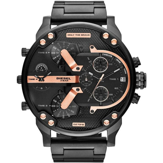 "Diesel men's chronograph watch, DZ7312 Mr. Daddy 2.0 model in black. Features an oversized round case, bold multi-dial design with chronograph functionality and industrial-inspired details, perfect for a statement-making and fashionable look."