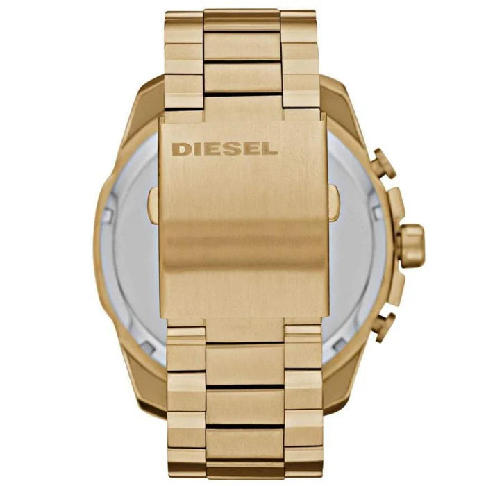 "Diesel DZ7333 men's chronograph watch, Mr. Daddy 2.0 model in gold-tone stainless steel. Features an oversized 57mm round case, multiple analog subdials for time zones and chronograph functions, bold industrial-style accents, a gold mesh-link bracelet, and Diesel branding on the dial, designed for a striking, luxurious aesthetic."