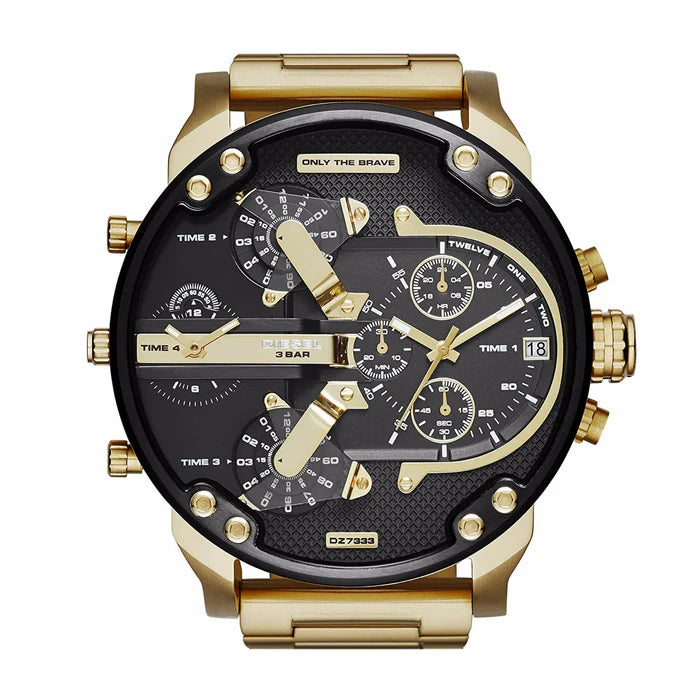 "Diesel men's chronograph watch, DZ7333 Mr. Daddy 2.0 model in luxurious gold-tone finish. Features an oversized round case, bold multi-dial design with chronograph functionality, textured gold bracelet strap, and industrial-inspired details, perfect for a statement-making and fashionable look."