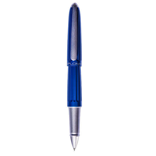 "Elegant Diplomat Aero rollerball pen in blue, featuring a Zeppelin-inspired, streamlined aluminum body with grooved detailing and a sleek, tapered shape. This high-end pen includes a sturdy clip, smooth ink flow, and comfortable grip for easy writing. Ideal for professionals and pen collectors, it combines sophisticated design with superior performance."