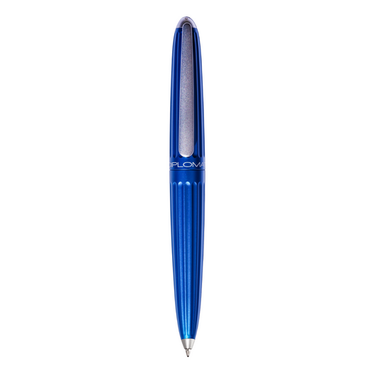 "Elegant Diplomat Aero ballpoint pen in Blue, featuring a Zeppelin-inspired, streamlined aluminum body with grooved detailing and a sleek, tapered shape. This high-end pen includes a sturdy clip, smooth ink flow, and comfortable grip for easy writing. Ideal for professionals and pen collectors, it combines sophisticated design with superior performance."