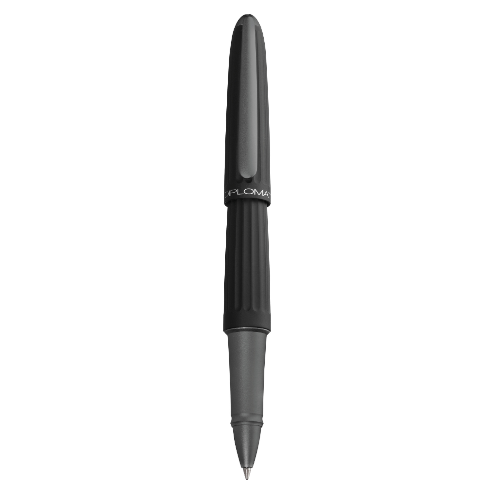 "Elegant Diplomat Aero rollerball pen in matte black, featuring a Zeppelin-inspired, streamlined aluminum body with grooved detailing and a sleek, tapered shape. This high-end pen includes a sturdy clip, smooth ink flow, and comfortable grip for easy writing. Ideal for professionals and pen collectors, it combines sophisticated design with superior performance."