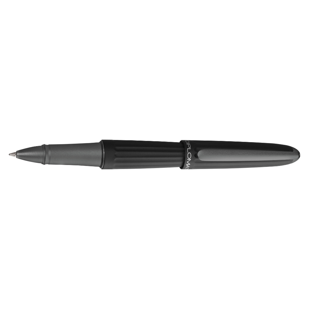 "Elegant Diplomat Aero rollerball pen in matte black, featuring a Zeppelin-inspired, streamlined aluminum body with grooved detailing and a sleek, tapered shape. This high-end pen includes a sturdy clip, smooth ink flow, and comfortable grip for easy writing. Ideal for professionals and pen collectors, it combines sophisticated design with superior performance."