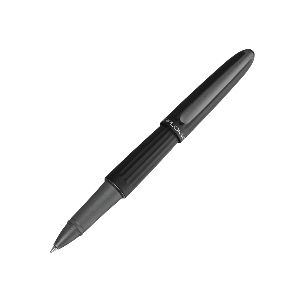 "Elegant Diplomat Aero rollerball pen in matte black, featuring a Zeppelin-inspired, streamlined aluminum body with grooved detailing and a sleek, tapered shape. This high-end pen includes a sturdy clip, smooth ink flow, and comfortable grip for easy writing. Ideal for professionals and pen collectors, it combines sophisticated design with superior performance."