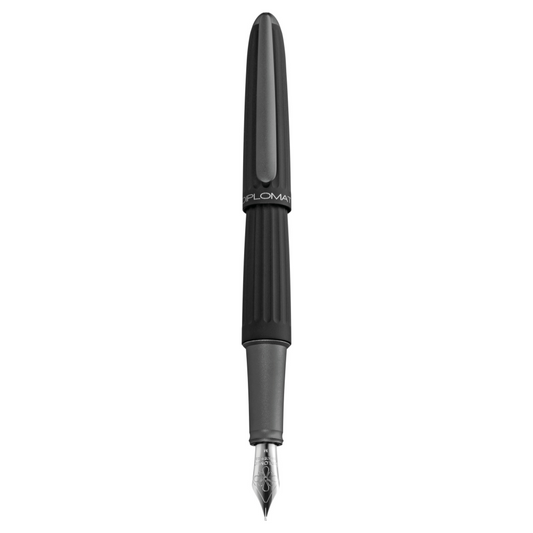 "Luxury Black Diplomat Aero fountain pen, inspired by aeronautical design, featuring a sleek anodized aluminum body with grooved lines and a glossy metallic finish. Available in multiple colors, the pen has a streamlined, Zeppelin-inspired shape, a slender clip with Diplomat’s logo, and a comfortable grip with smooth operation. Known for its elegance and durability, this high-end writing instrument is suitable for collectors and professionals seeking style and performance."