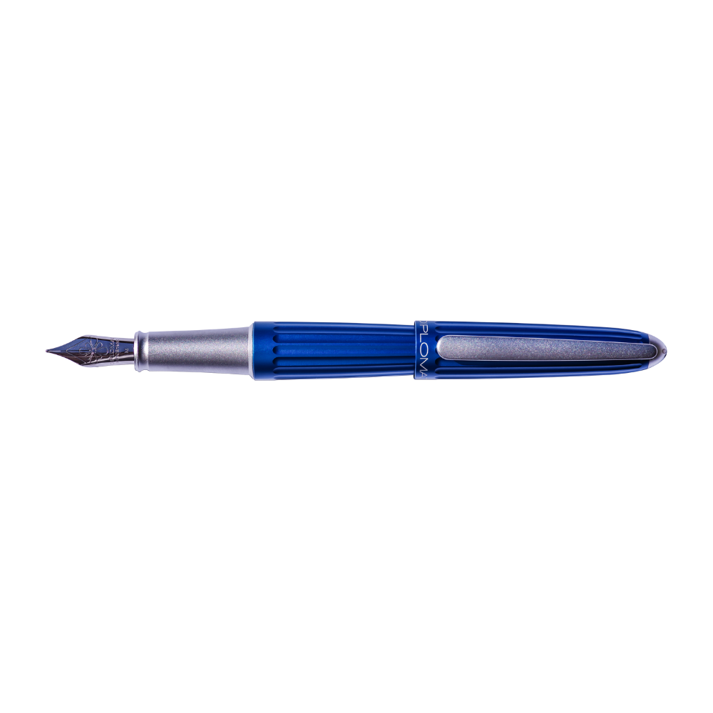 "Luxury Diplomat Aero Blue fountain pen, inspired by aeronautical design, featuring a sleek anodized aluminum body with grooved lines and a glossy metallic finish. Available in multiple colors, the pen has a streamlined, Zeppelin-inspired shape, a slender clip with Diplomat’s logo, and a comfortable grip with smooth operation. Known for its elegance and durability, this high-end writing instrument is suitable for collectors and professionals seeking style and performance."