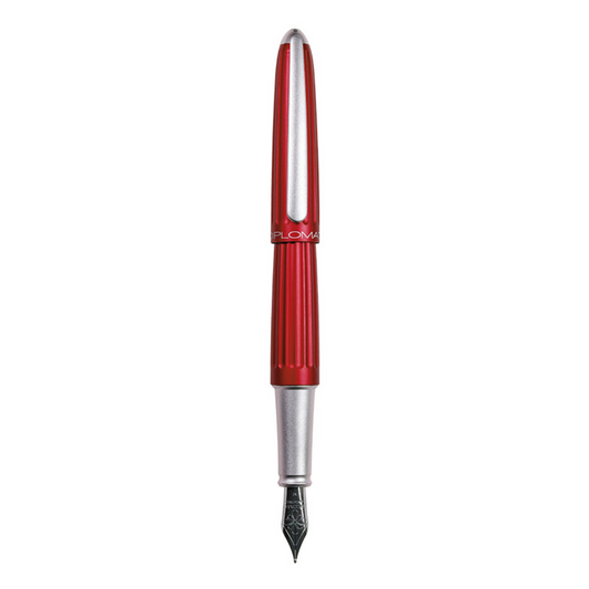 "Luxury Diplomat Aero Red fountain pen, inspired by aeronautical design, featuring a sleek anodized aluminum body with grooved lines and a glossy metallic finish. Available in multiple colors, the pen has a streamlined, Zeppelin-inspired shape, a slender clip with Diplomat’s logo, and a comfortable grip with smooth operation. Known for its elegance and durability, this high-end writing instrument is suitable for collectors and professionals seeking style and performance."