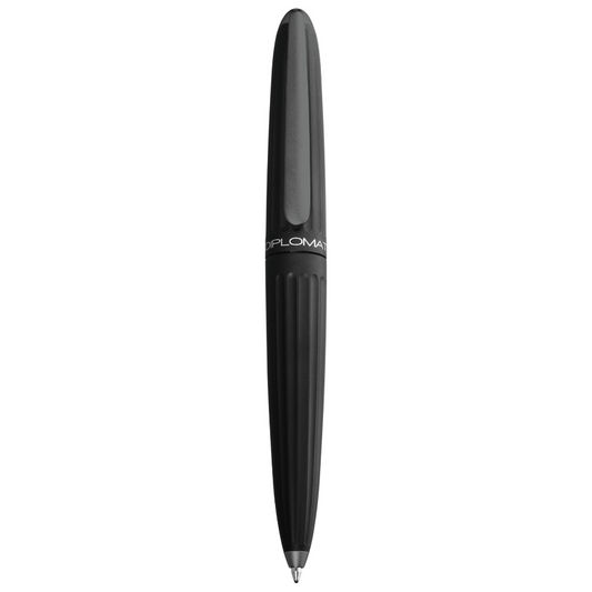 "Elegant Diplomat Aero ballpoint pen in matte black, featuring a Zeppelin-inspired, streamlined aluminum body with grooved detailing and a sleek, tapered shape. This high-end pen includes a sturdy clip, smooth ink flow, and comfortable grip for easy writing. Ideal for professionals and pen collectors, it combines sophisticated design with superior performance."