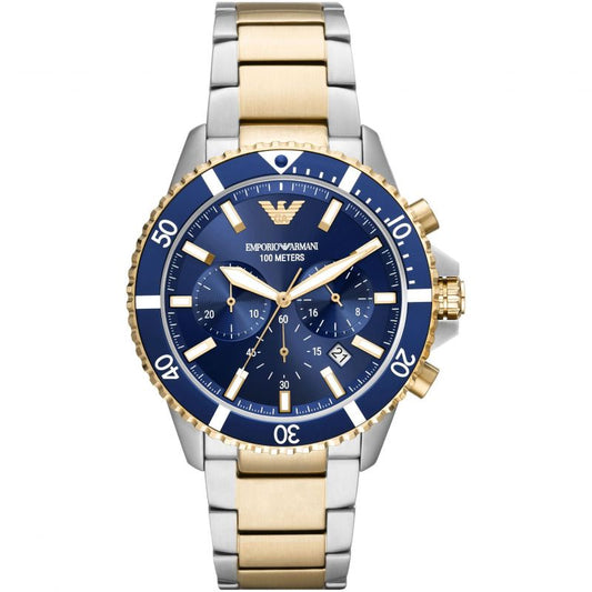 Emporio Armani  Men's Chronograph Diver  Blue Dial with Gold and Silver strap Watch front picture ar11362