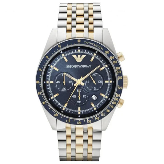 "Emporio Armani AR6088 Tazio men's chronograph watch featuring a 46mm two-tone stainless steel case in gold and silver, with a striking blue dial. The watch includes three sub-dials, a date function, and quartz movement for precision. It comes with a two-tone stainless steel bracelet and a hidden deployment clasp. Water-resistant up to 50 meters, this watch blends elegance with functionality, making it a standout accessory for formal and casual occasions."
