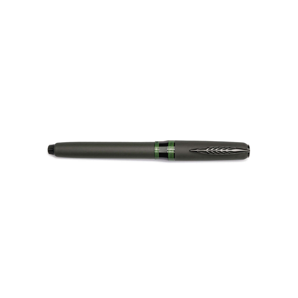 "Pineider Alchemist fountain pen in Krakatoa Green, crafted from a unique blend of zeolite and resin with a black-green finish and black trim. Features Pineider’s soft-touch magnetic lock cap, a black-plated stainless steel nib (size No.6), and includes an ink converter compatible with standard cartridges. Presented in a gift box, this luxury pen combines elegant design with volcanic-inspired materials, perfect for collectors and writing enthusiasts."
